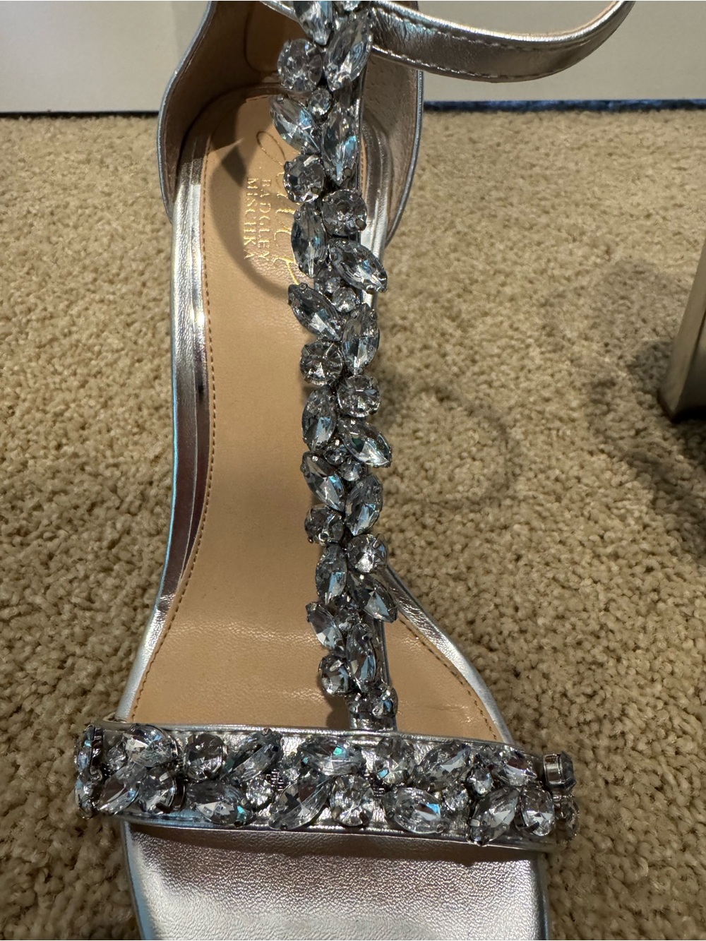 Jewel Badgley Mischka Silver Crystal T-Strap Block Heel Sandals - Picture 7 of 7